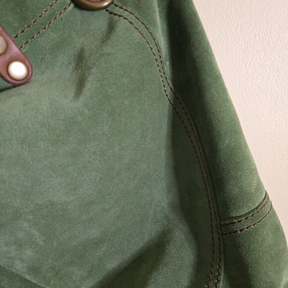 Lucky Brand Green Suede Brown Leather Trim Hobo Bucket Shoulder Bag 19"x14"x4" - Picture 7 of 13